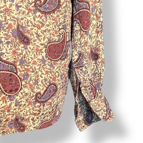 Vintage 90s Top Tan Burgundy Silk Paisley Button Front Long Sleeve Dark Floral 6 - Picture 7 of 11